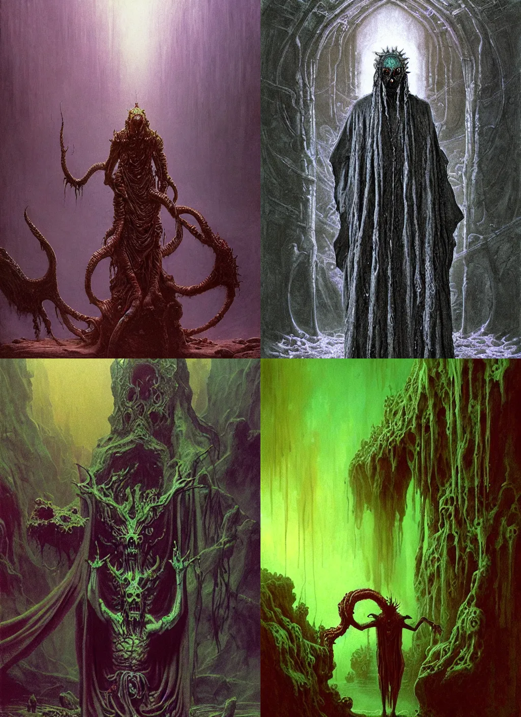 Image similar to Eldritch demon priest wearing ornate robe, chanting at the green pool. In style of Beksinski, concept art, highly detailed.