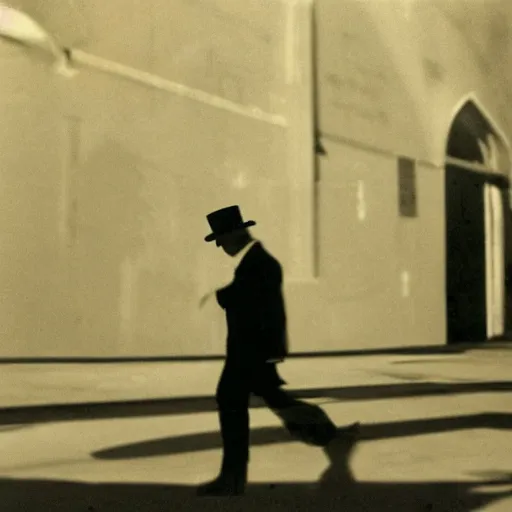 Image similar to a mysterious man in a black suit and black hat is walking towards camera. he has a pistol. strong shadows, high contrast, atmospheric