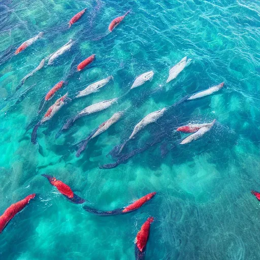 Prompt: whales swimming through a coral reef, seen from above, colorful and vibrant