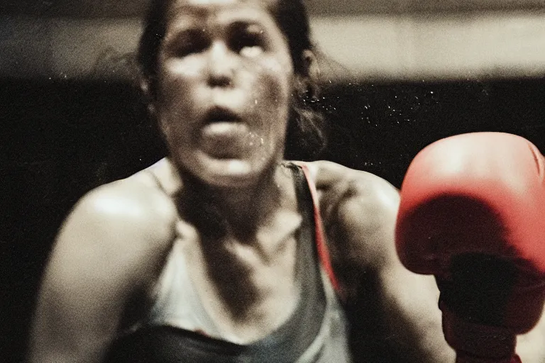 Prompt: close up portrait of women boxing moment of knock out with brews blood sweating, photography photojournalism, very grainy image, 50mm lens, close up portrait polaroid