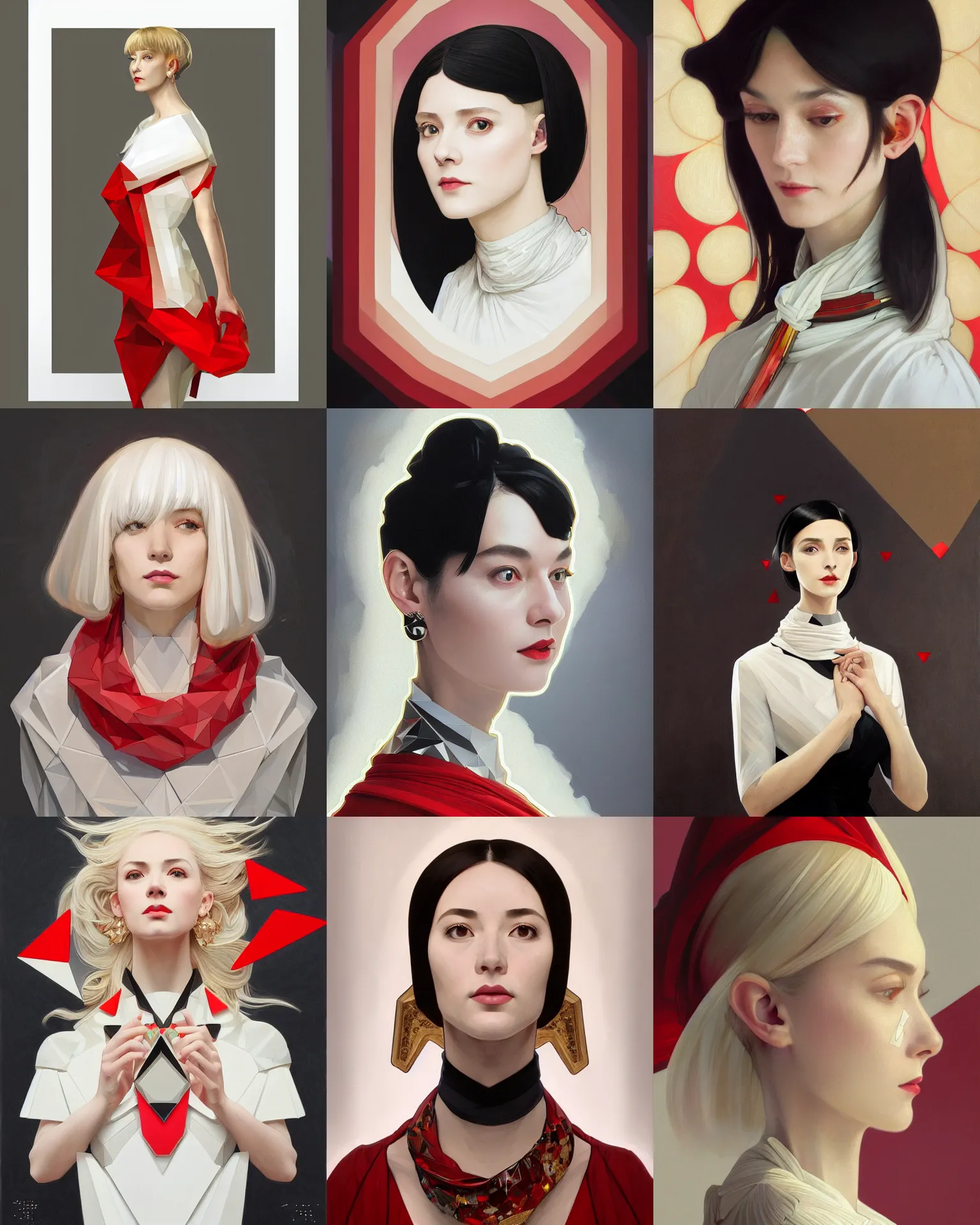 Prompt: Portrait of a museum art curator, white polygonal dress, light gold hair, red scarf, small black triangles, prisms, intricate, elegant, highly detailed, digital painting, artstation, concept art, smooth, sharp focus, illustration, art by artgerm and greg rutkowski and alphonse mucha and maya takamura and Hitomi Isono