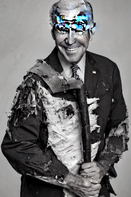 Image similar to Joe Biden with tattered clothes covered in scars holding a katana, dynamic pose, full body portrait, photograph