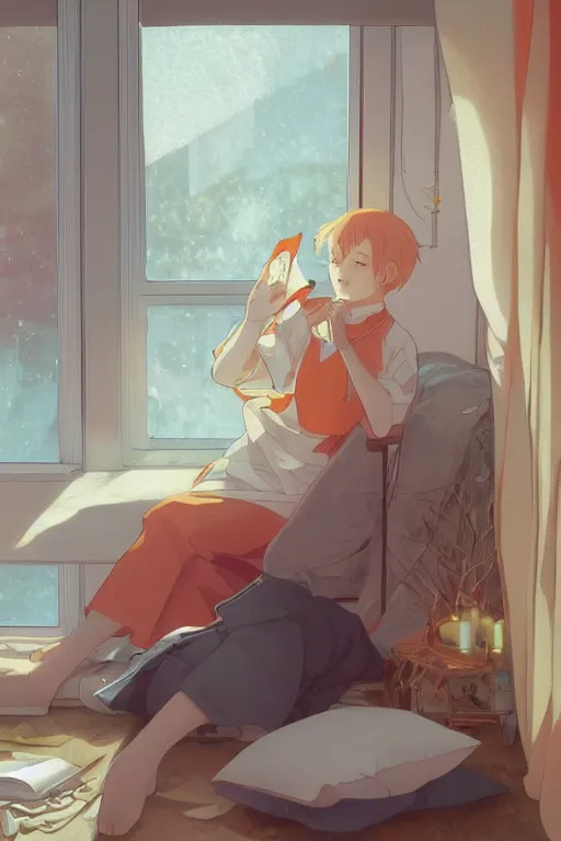 Image similar to a teenage girl with white short hair in a jk uniform outfit in the bedroom reading a book in a night, raining outside the window, orange theme, by krenz cushart and mucha and akihito yoshida and greg rutkowski and makoto shinkai, detailed eyes, 4 k resolution