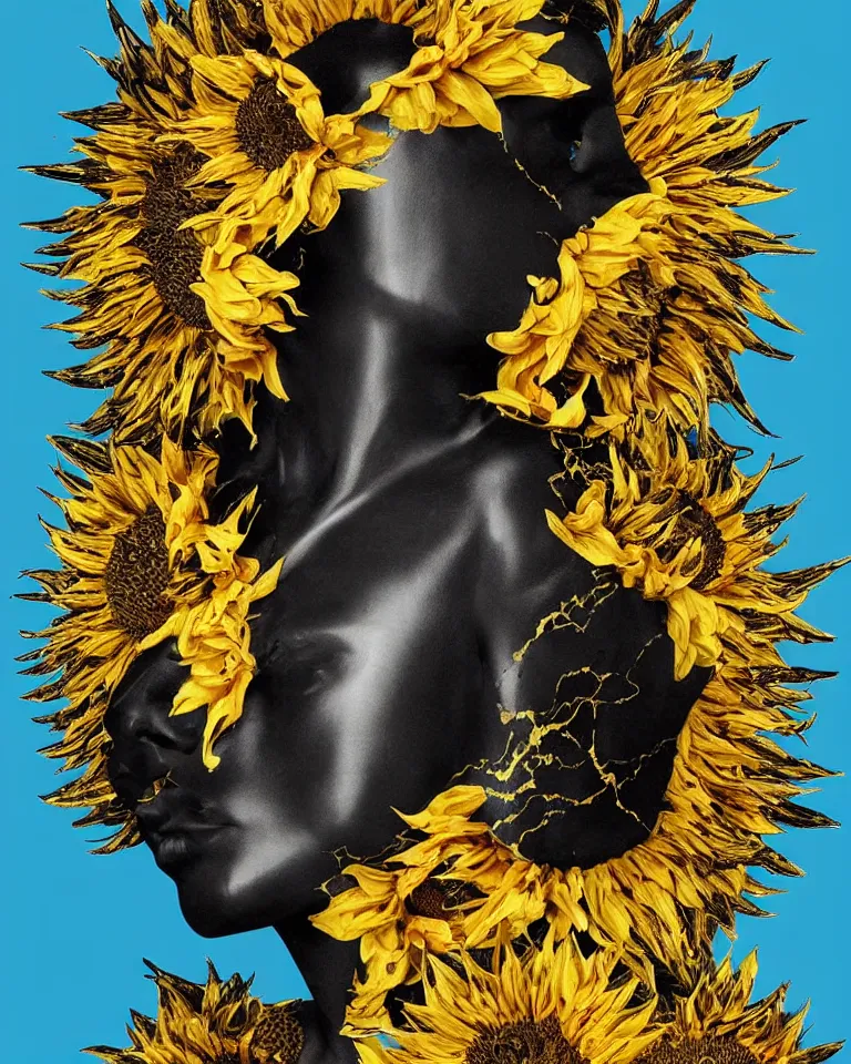 Prompt: symmetrical painting of a fractured black obsidian greek statue of a beauty, yellow topaz spikes sunflowers, lightblue drip acrylic paint, fixed with bronze kintsugi, rendered in octane trending on cgsociety. extremely detailed and intricate art, corruption, sleek