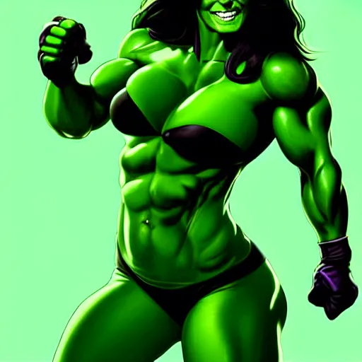 Prompt: beautiful Gina Carano thin She Hulk green skin, highly detailed, digital painting, artstation, concept art, smooth, sharp focus, illustration