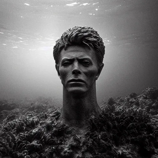 Image similar to Award-winning photograph by Mar Mann. The photo depicts a decaying roman bust of David Bowie overgrown with moss at the bottom of the sea in the middle of ruins of civilization. Minimalism, high definition, perfect composition. Deep sea picture. Very dark. Volumetric Lighting. Fish. Darkness. Ruins