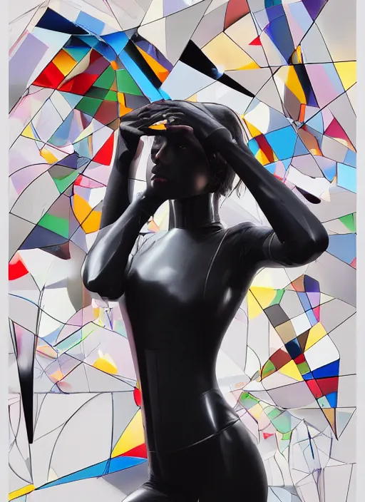 Image similar to futuristic lasers tracing, colorsmoke, leather fullbodysuit, pyramid hoodvisor, raindrops, wet, oiled, beautiful cyborg girl, by steven meisel, kaws, rolf armstrong, mondrian, kandinsky, perfect geometry abstract acrylic, octane hyperrealism photorealistic airbrush collage painting, dark monochrome, fluorescent colors, minimalist rule of thirds, eighties eros