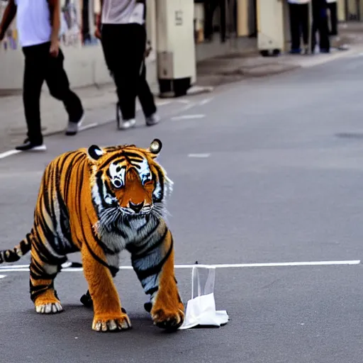 Prompt: photo of tiger with paper bag stuck over its head, in busy street