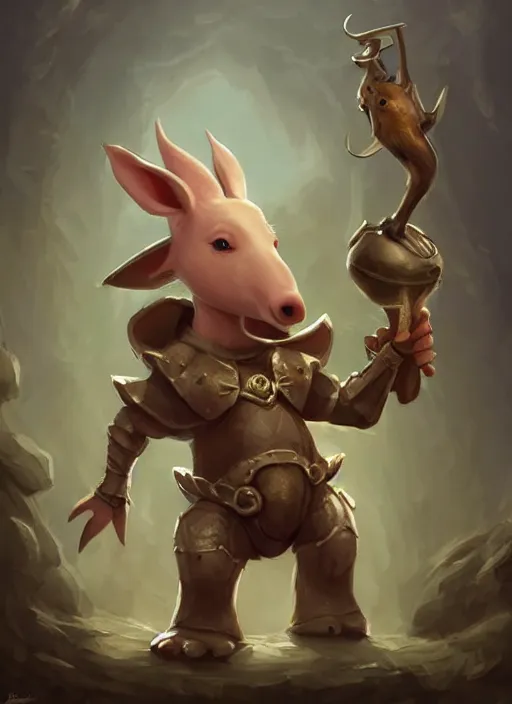 Image similar to cute little anthropomorphic aardvark announcer wearing Atiel's veil, tiny, small, miniature animal, baby animal, short, pale black armor, cute and adorable, pretty, beautiful, DnD character art portrait, matte fantasy painting, DeviantArt Artstation, by Jason Felix by Steve Argyle by Tyler Jacobson by Peter Mohrbacher, cinematic lighting