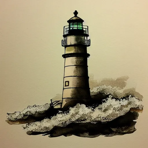 Prompt: beautiful watercolor and ink drawing of lighthouse at night storm with waves and clouds artstation