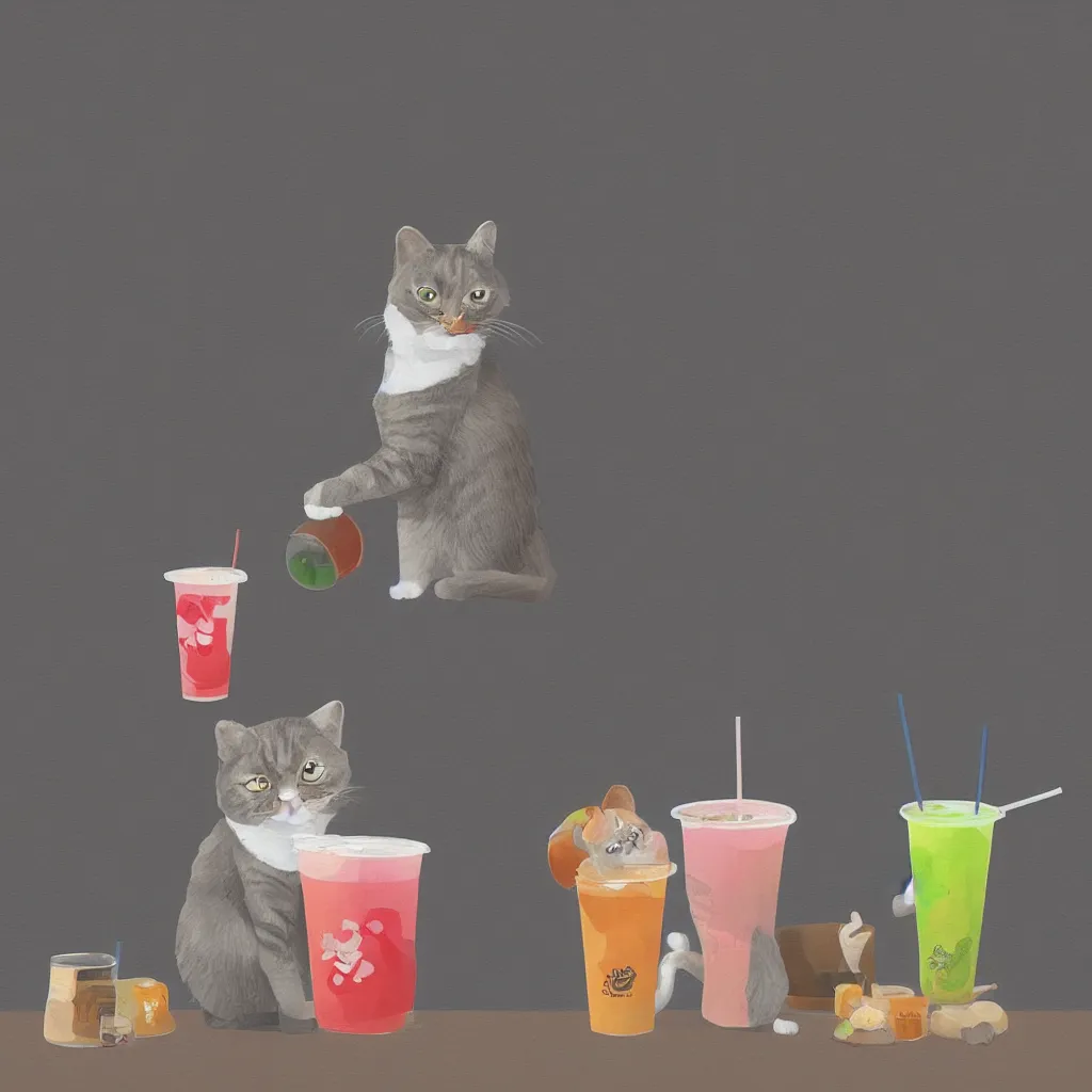 Image similar to a cat drinking a bubble tea, tom cross digital art