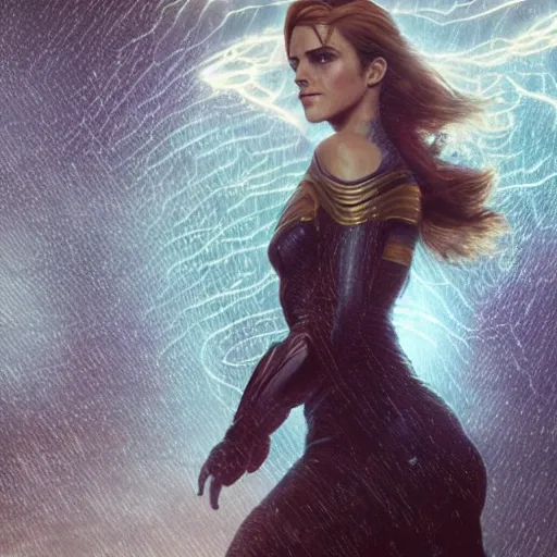 Image similar to a highly detailed matte portrait of emma watson cosplaying as seven of nine, running through a thunderstorm, scifi by star trek, unreal engine, volumetric lighting, exquisite detail, 8 k, art by greg rutkowski and alphonse mucha