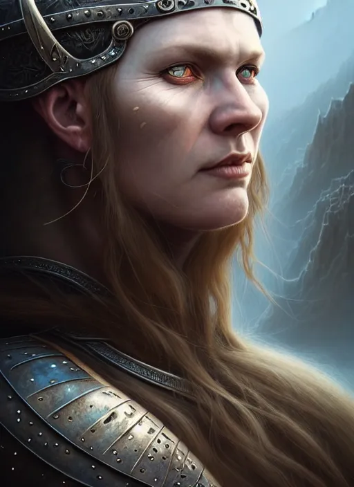 Prompt: closeup portrait shot of a female viking warrior in a scenic dystopian environment, intricate, elegant, highly detailed, centered, digital painting, artstation, concept art, smooth, sharp focus, illustration, artgerm, tomasz alen kopera, peter mohrbacher, donato giancola, joseph christian leyendecker, wlop, boris vallejo