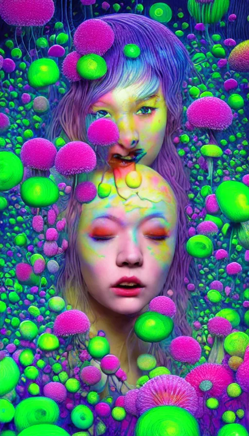 Image similar to hyper detailed 3d render like a Oil painting - kawaii Aurora (Singer) seen Eating of the Strangling network of colorful yellowcake and aerochrome and milky Fruit and Her delicate Hands hold of gossamer polyp blossoms bring iridescent fungal flowers whose spores black the foolish stars by Jacek Yerka, Mariusz Lewandowski, Houdini algorithmic generative render, Abstract brush strokes, Masterpiece, Edward Hopper and James Gilleard, Zdzislaw Beksinski, Mark Ryden, Wolfgang Lettl, hints of Yayoi Kasuma, octane render, 8k