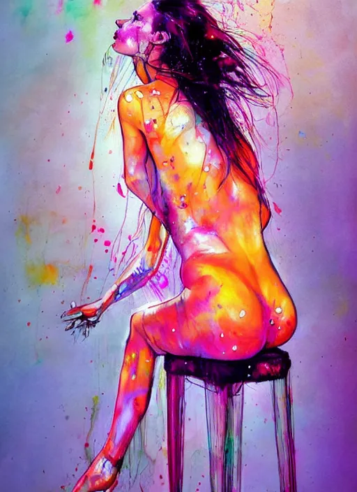 Prompt: adriana lima by agnes cecile and enki bilal, sitting on a stool, bent over posture, full body portrait, extremely luminous bright design, pastel colours, drips, autumn lights