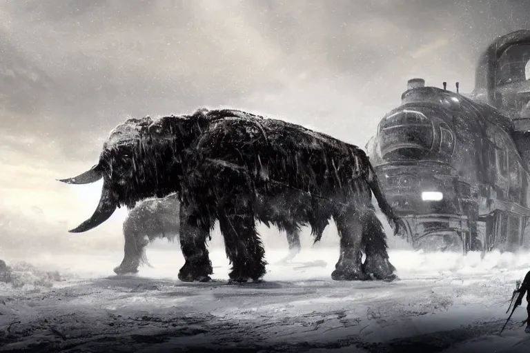 Image similar to a grand intricate futuristic black steam train next to a giant mammoth, post - apocalyptic ice landscape in snowstorm, concept art, artstation, highly detailed, digital art