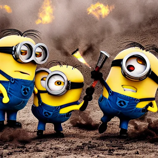 Image similar to minions firing a mortar from a mortar pit, debris and dirt flying from recoil, smoke, war photography