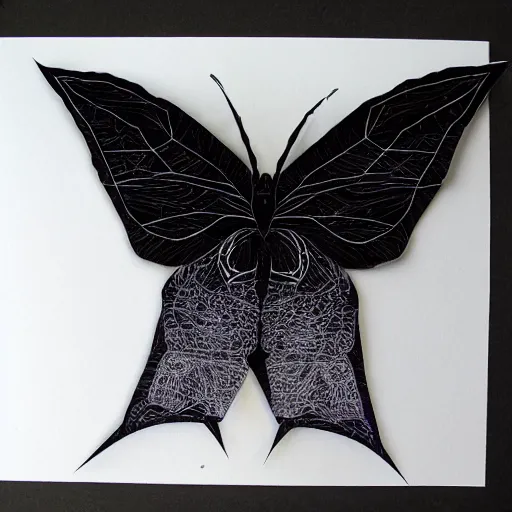 Image similar to black paper luna moth, cut paper, many layers and intricate details