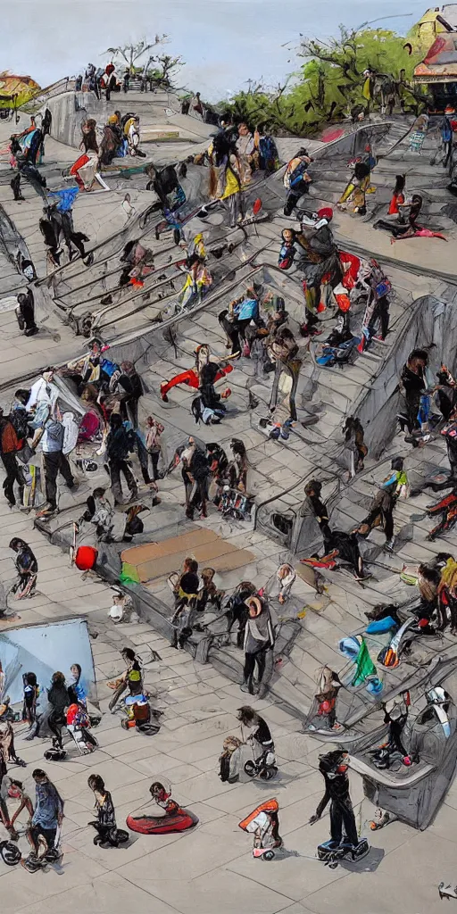 Image similar to oil painting scene skatepark with skaters and ramp by kim jung gi