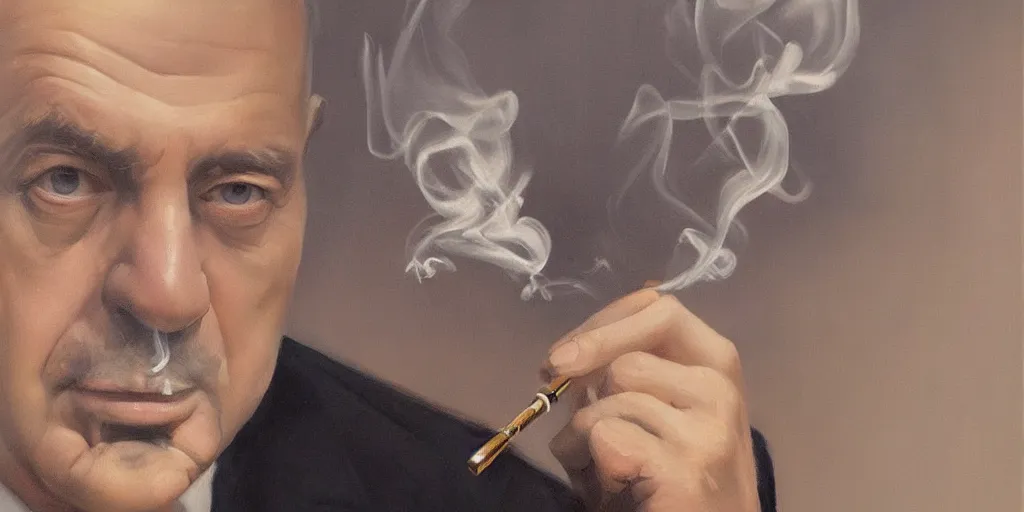 Image similar to beautiful oil matte portrait painting, mafia boss smoking at his 5 0 s new york office desk, wonderful masterpiece highly detailed, beautiful cinematic light deep focus, elegant, digital painting, smooth, sharp focus, golden ratio, dramatic illumination, ultra realistic, 8 k, art by jimmy law