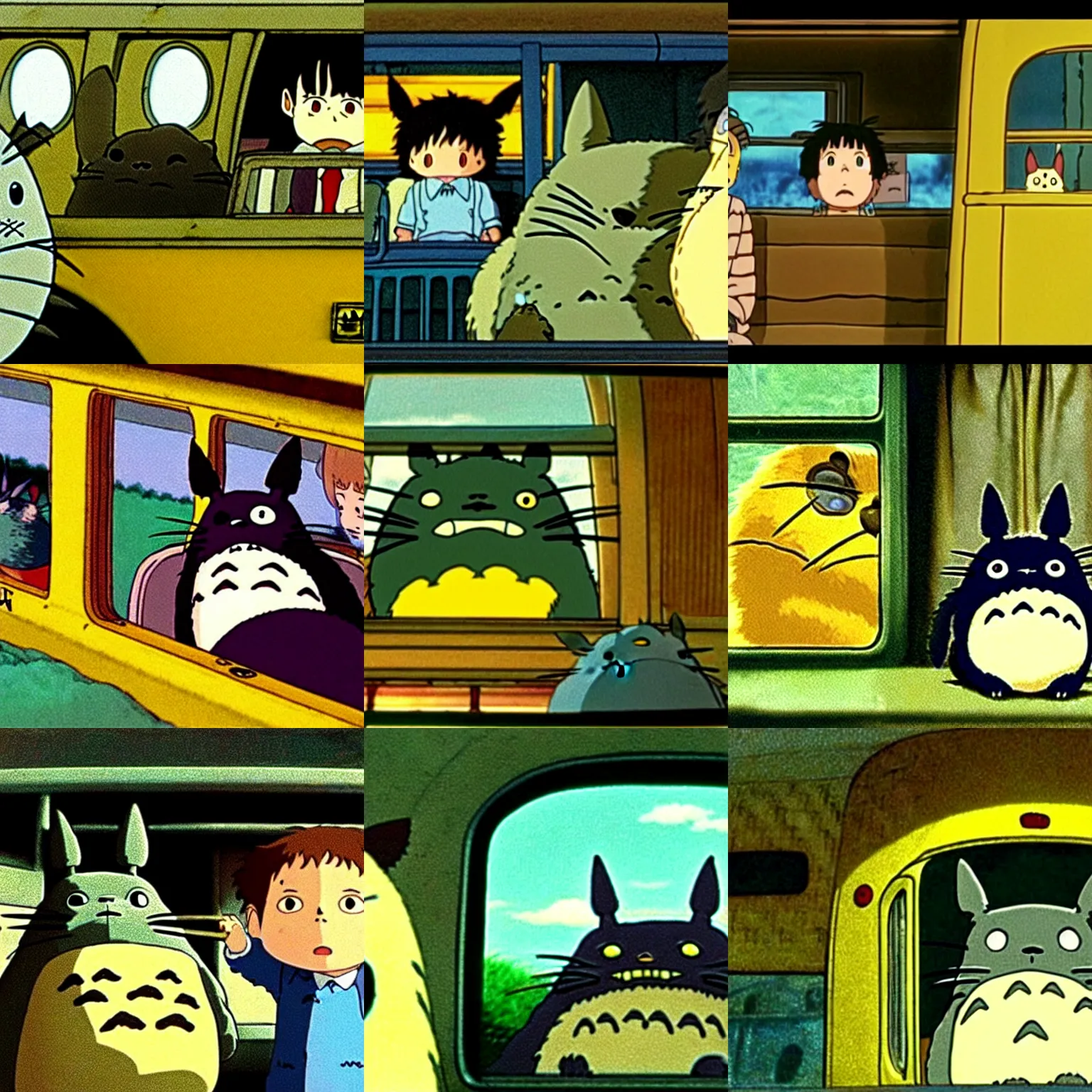 Prompt: film still from totoro, harry potter inside yellow cat bus