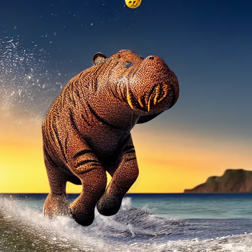 Prompt: a closeup photorealistic photograph of a cute smiling knitted tiger hippopotamus chasing after beachballs during sunset. surf in background. professional capture. this 4 k hd image is trending on artstation, featured on behance, well - rendered, extra crisp, features intricate detail, epic composition and the style of unreal engine.