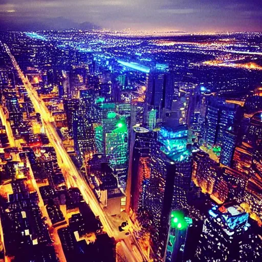 Image similar to city at night viewed from above, instagram contest winner, glowing lights, vivid colors, circuitry