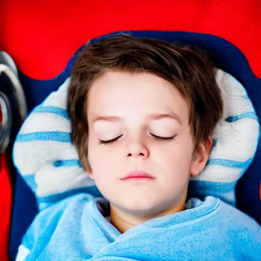 Prompt: small firefighter, asleep on blue reclining chair, dark hair