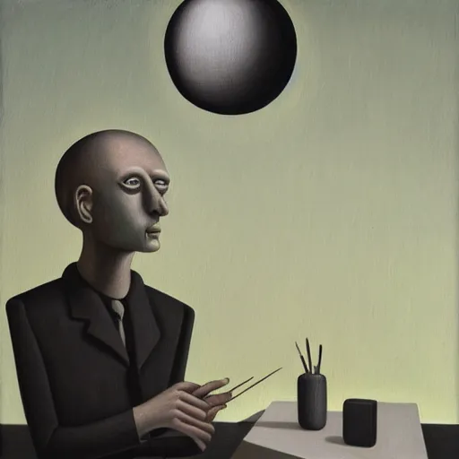 Prompt: a painting of a man wearing striped shirt, a surrealist painting by gertrude abercrombie. surrealism, dark, low contrast, featured on pixiv, precisionism, art on instagram, detailed painting