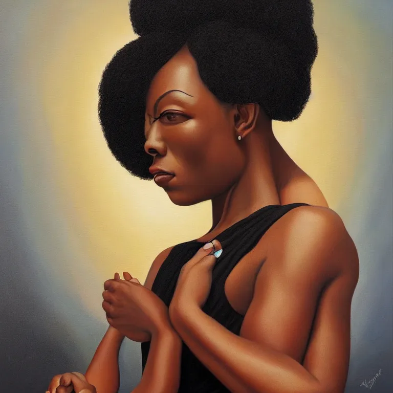 Image similar to a painting of a woman wearing a black dress, a portrait by kadir nelson, trending on cgsociety, afrofuturism, hyper realism, detailed painting, rococo