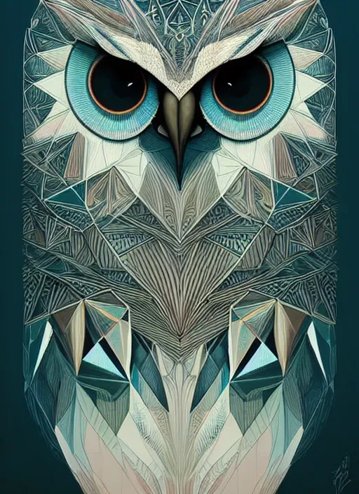 Image similar to portrait of a geometric owl, identical eyes, medium shot, illustration, full body made of white feathers, symmetrical, art stand, super detailed, cinematic lighting, and its detailed and intricate, gorgeous, by peter mohrbacher