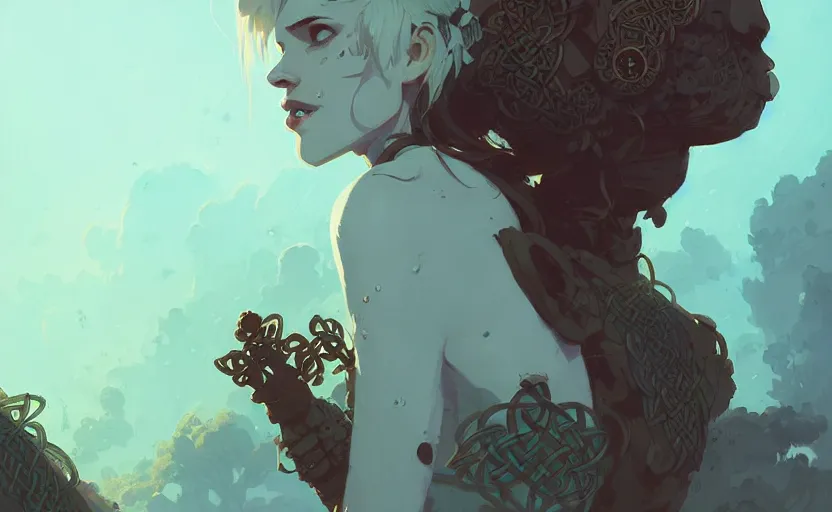 Prompt: celtic naturepunk by atey ghailan, by greg rutkowski, by greg tocchini, by james gilleard, by joe fenton, by kaethe butcher, dynamic lighting, gradient light blue, brown, blonde cream and white color scheme, grunge aesthetic