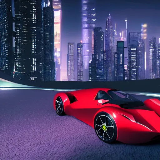 Prompt: hover car, ferrari, cyberpunk, city, night time, unreal engine