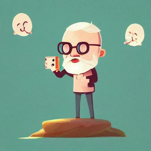 Image similar to cute cartoon character, curled perspective, digital art, beard grandpa taking a photo to a baby girl, anton fadeev