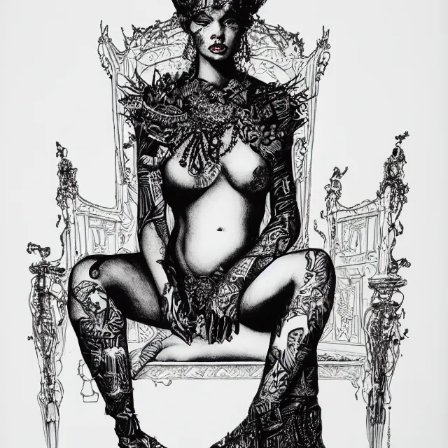 Prompt: salome full figure sitting on throne black ink drawing by james jean very detailed high contrast xuan paper