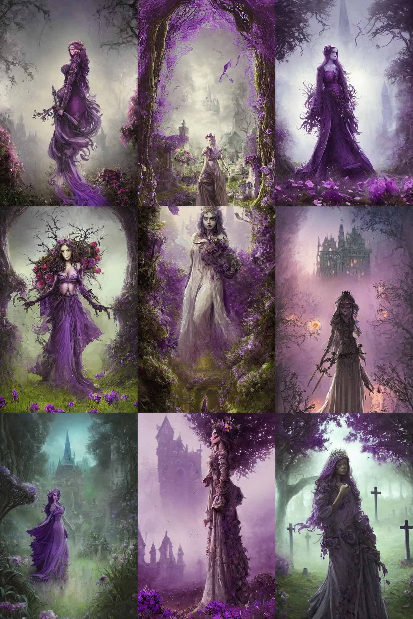 Prompt: beautiful woman, Queen of the ghosts, old cemetery, castle in the background, trees, creepers, beautiful flowers, night, purple color, colorfully, full body shot, detailed illustration, digital art, overdetailed art, concept art, Greg Rutkowski, Jean-Baptiste Monge, trending on artstation