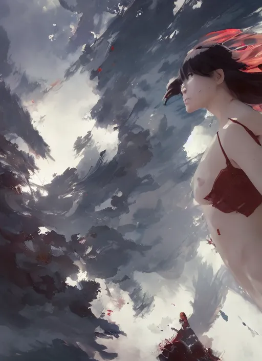 Image similar to yukiko okada looking to the skies, cinematic lighting, dramatic atmosphere, artwork by dustin nguyen, akihiko yoshida, greg tocchini, greg rutkowski, cliff chiang, 4 k resolution, trending on artstation,