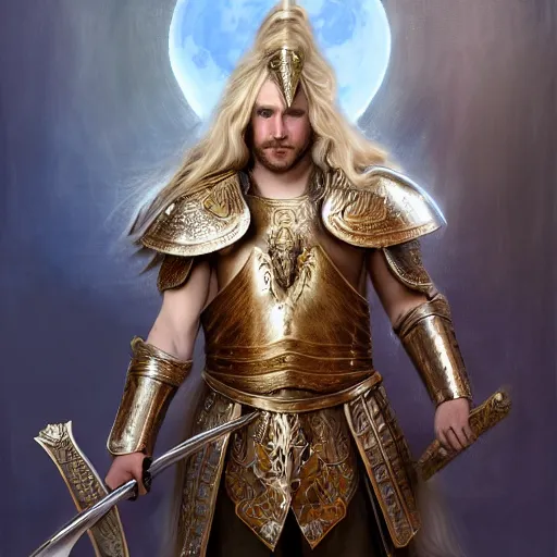 Prompt: Full body shot of beautiful male cleric with long flowing blonde hair wearing burnished bronze armour emblazoned with a swan on the breastplate. Wielding a magical scimitar embossed with the phases of the moon. Magic, bright divine lighting, flux. High fantasy, digital painting, HD, 4k, detailed by Ruan Jia