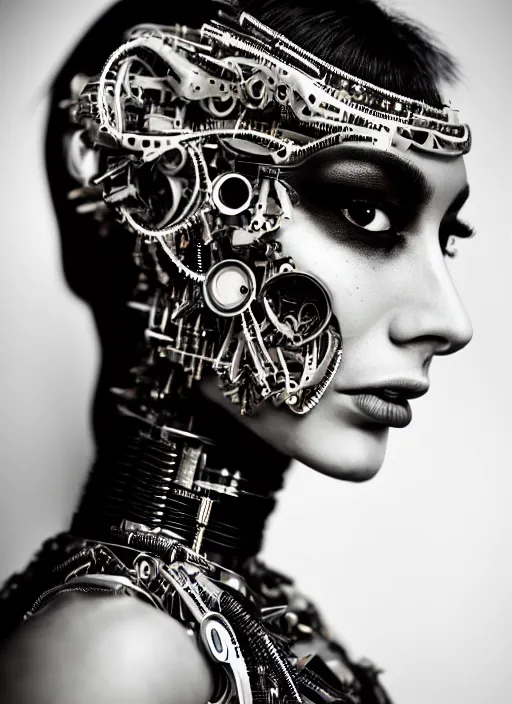 Prompt: a stunning young woman mixed crow mixed cyborg profile face, face is made intricate tribal bio - mechanical, editorial photography, bw, shot on 7 0 mm, depth of field, f / 2. 8, high contrast, 1 6 k, volumetric lighting, shiny, insanely detailed and intricate, hypermaximalist, elegant, ornate, hyper realistic, super detailed