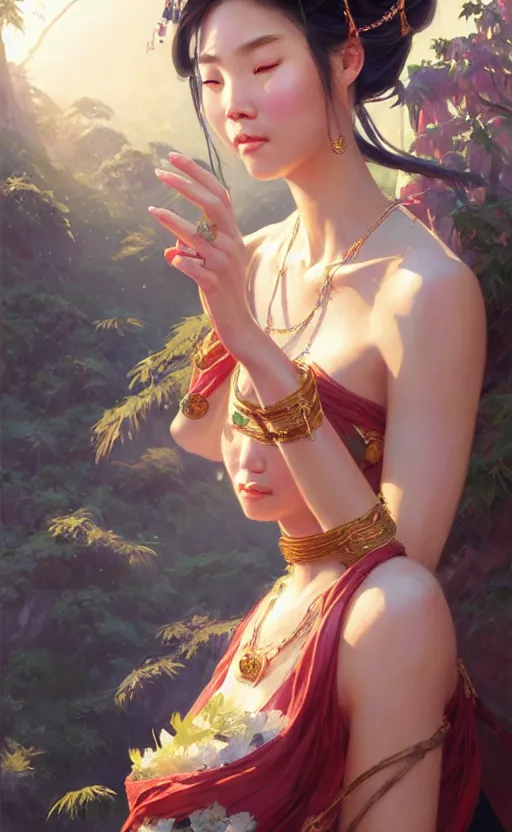 Image similar to a beautiful taiwan goddess with sundress with jewelry | | winter, realistic shaded, unpleasant face, good looking, fine details, realistic shaded lighting poster by greg rutkowski, magali villeneuve, artgerm, jeremy lipkin and michael garmash and macoto takahashi