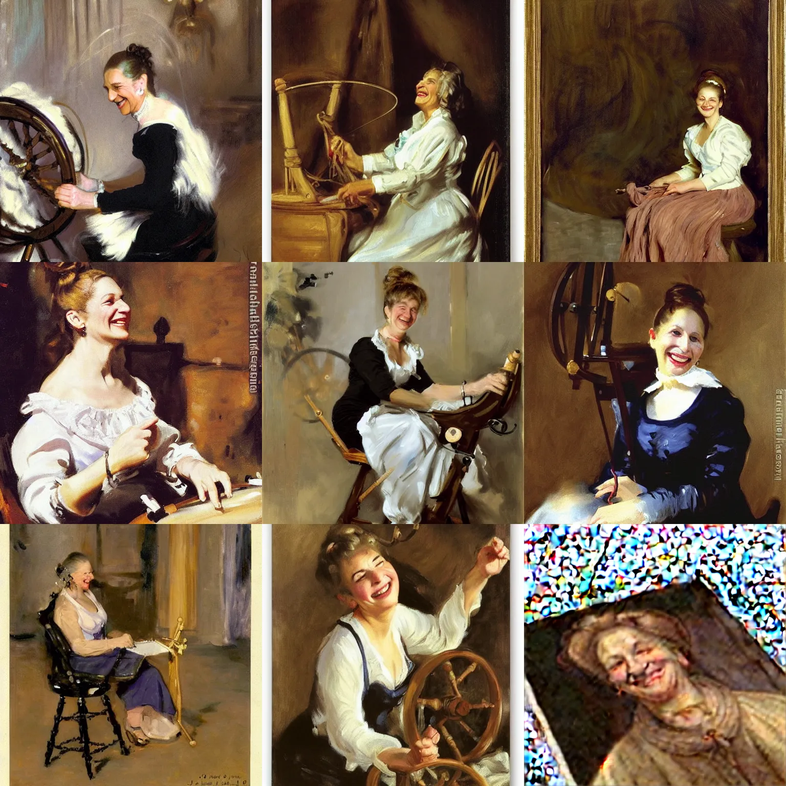 Prompt: A 50 year old stout woman with hair in a bun who looks like Barbara Streisand, is spinning yarn on a spinning wheel, smiling slightly, content, by john singer sargent