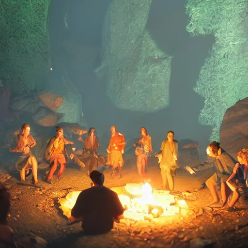 Image similar to medieval villagers dances around a campfire in a cave, colorful crystals everywhere, 4k, 8k, unreal engine, by greg rutkowski, hyper realistic, octane render