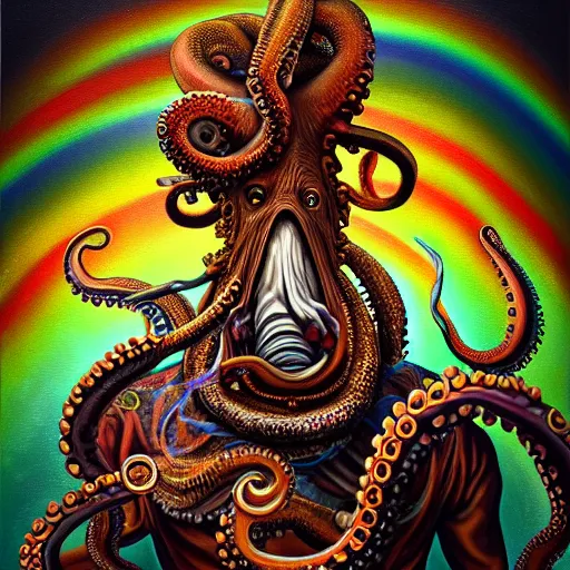 Prompt: an intricate oil painting of a stoic octopus dressed as an ancient warrior smoking a pipe in the style of junji ito and dark fantasy, ornate, psychedelic, rainbow color scheme, detailed, cinematic, diffuse lighting, magic realism, artstationhq, unreal engine 5, volumetric light