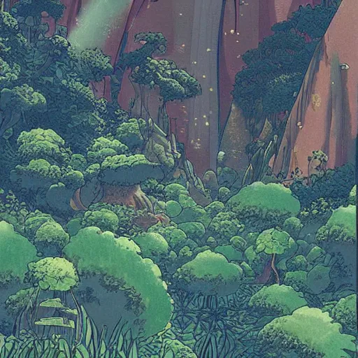 Image similar to illustration of a lush natural scene on an alien planet by studio ghibli. very detailed. beautiful landscape. weird vegetation. cliffs and water.