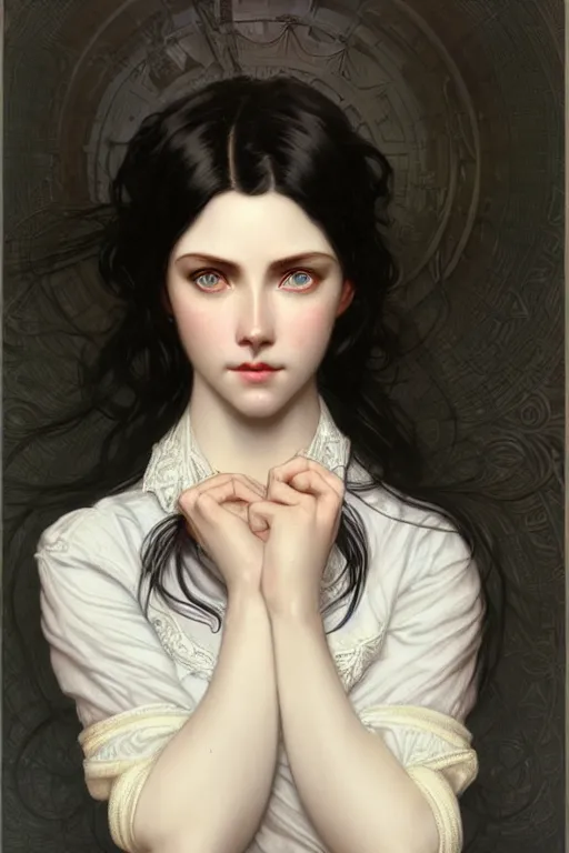 Image similar to ultra realistic, Beautiful black haired woman, Porcelain white complexion, big blue eyes, cute small lips., wearing jeans and white blouse, whip in hand, intricate details, eerie, highly detailed, octane render, 8k, art by artgerm and alphonse mucha and greg rutkowski