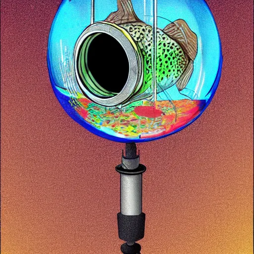 Prompt: a fish in a fishbowl looking in a periscope, digital art, high - quality, hyper - detailed