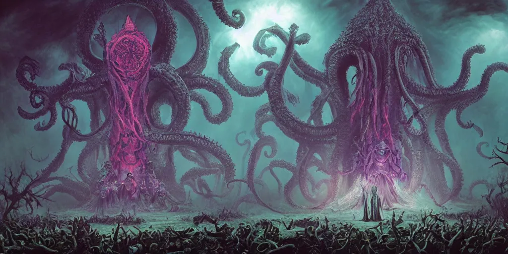 Image similar to photorealistic matte painting photography of circle group of necromancer priest in an invoking ritual in front of a viscosity cthulhu within a lovecraft portal, art by david lachapelle, photography by annie leibovitz, wide - angle portrait, atmospheric lighting, rich deep colors masterpiece, fractal crystals