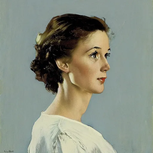 Prompt: head and shoulders portrait of woman, fully clothed, three quarter profile, norman rockwell, jacob collins, tom lovell, frank schoonover