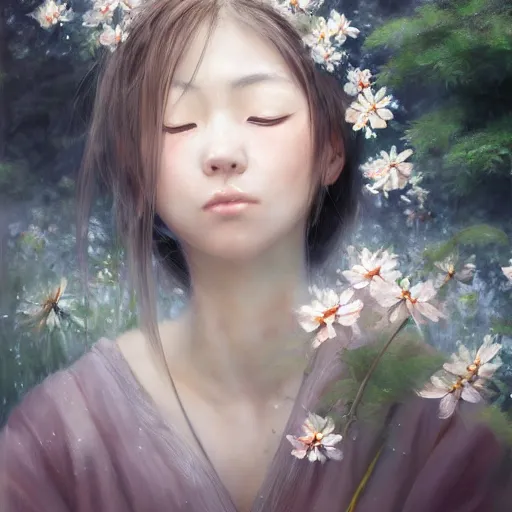 Prompt: detailed portrait of japanese girl in a spring, spring light, painting by lise deharme