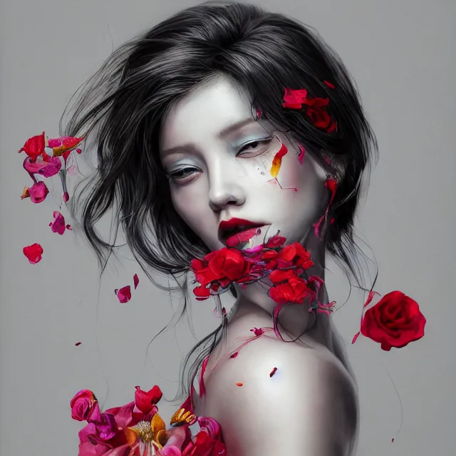 Image similar to studio portrait absurdly beautiful, elegant, graceful, young hypercolorful sensual gravure idol rubies and red petals, ultrafine hyperrealistic detailed face illustration by kim jung gi, irakli nadar, intricate linework, sharp focus, bright colors, matte, octopath traveler, final fantasy, unreal engine highly rendered, global illumination, radiant light, intricate environment